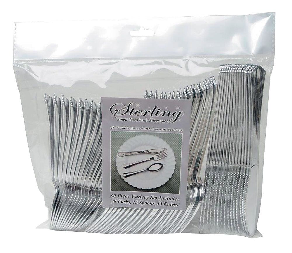 Table Mate Plastic Assorted Cutlery, Medium-Weight, Sterling Silver, 50/Pack