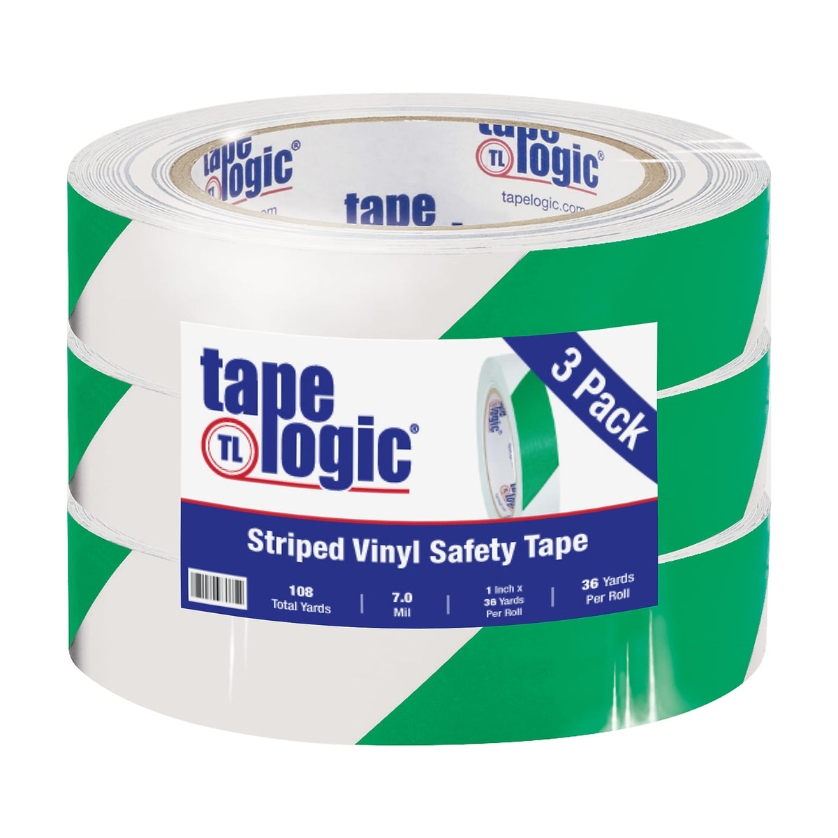 Tape Logic 1" x 36 yds. Striped Vinyl Safety Tape, Green/White, 3/Pack