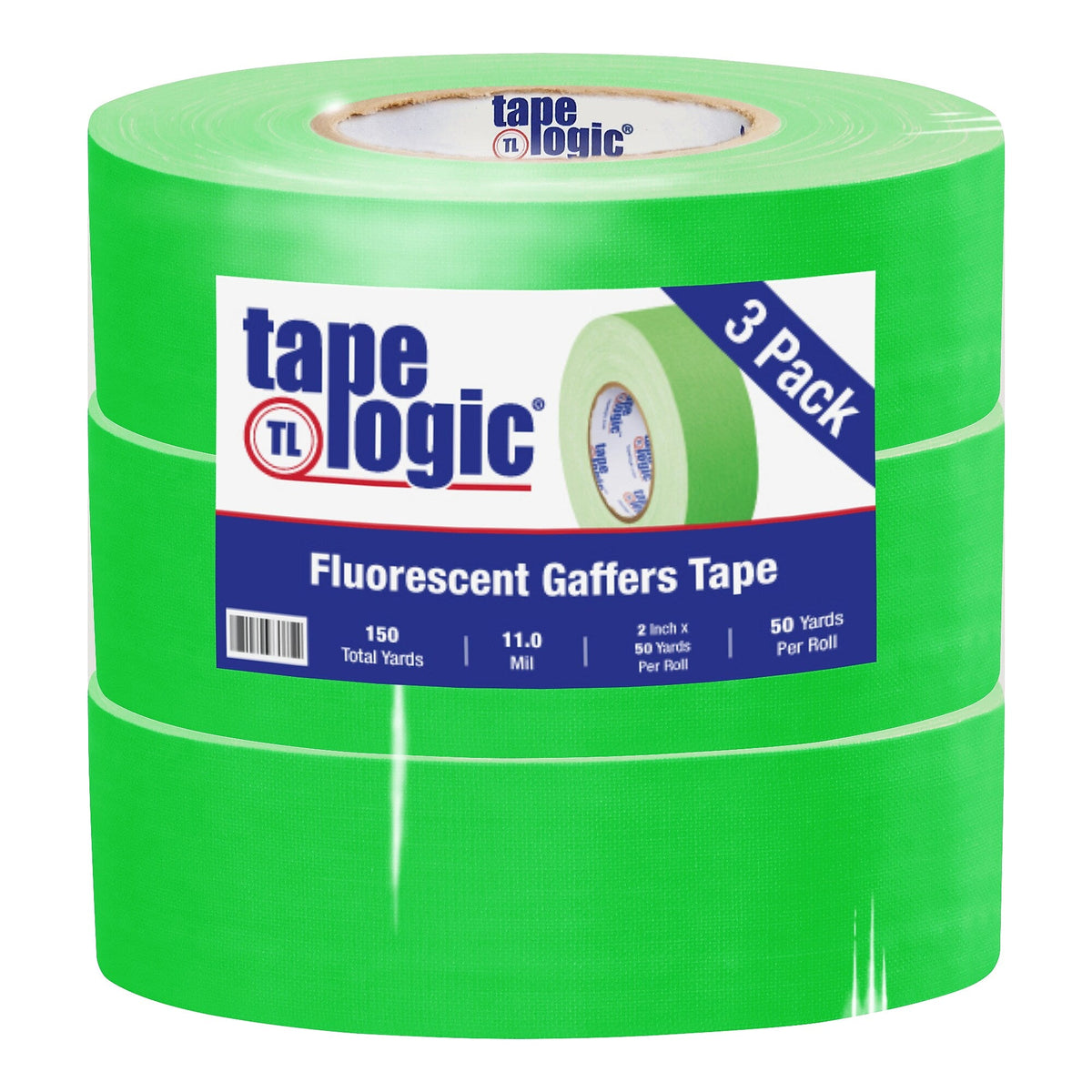 Tape Logic 2" x 50 yds. x 11 mil Gaffers Tape, Fluorescent Green, 3/Pk