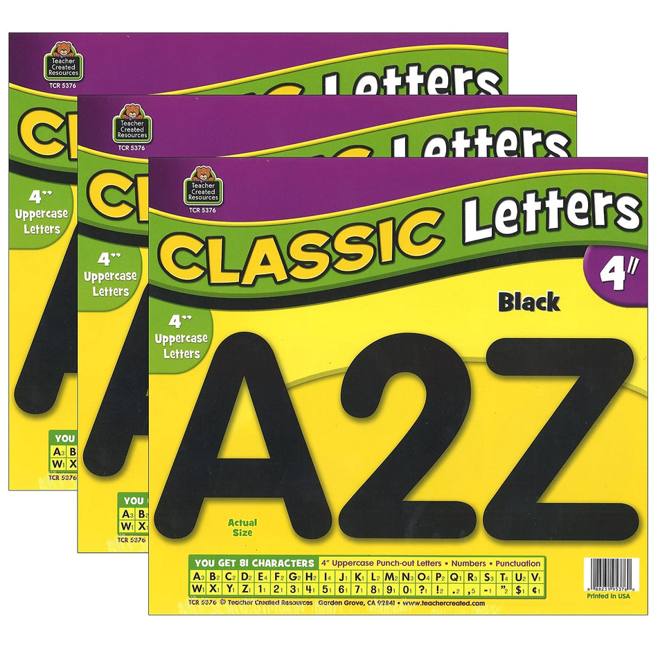 Teacher Created Resources 4" Classic Font Uppercase Letters, Black, 81 Pieces/Pack, 3 Packs