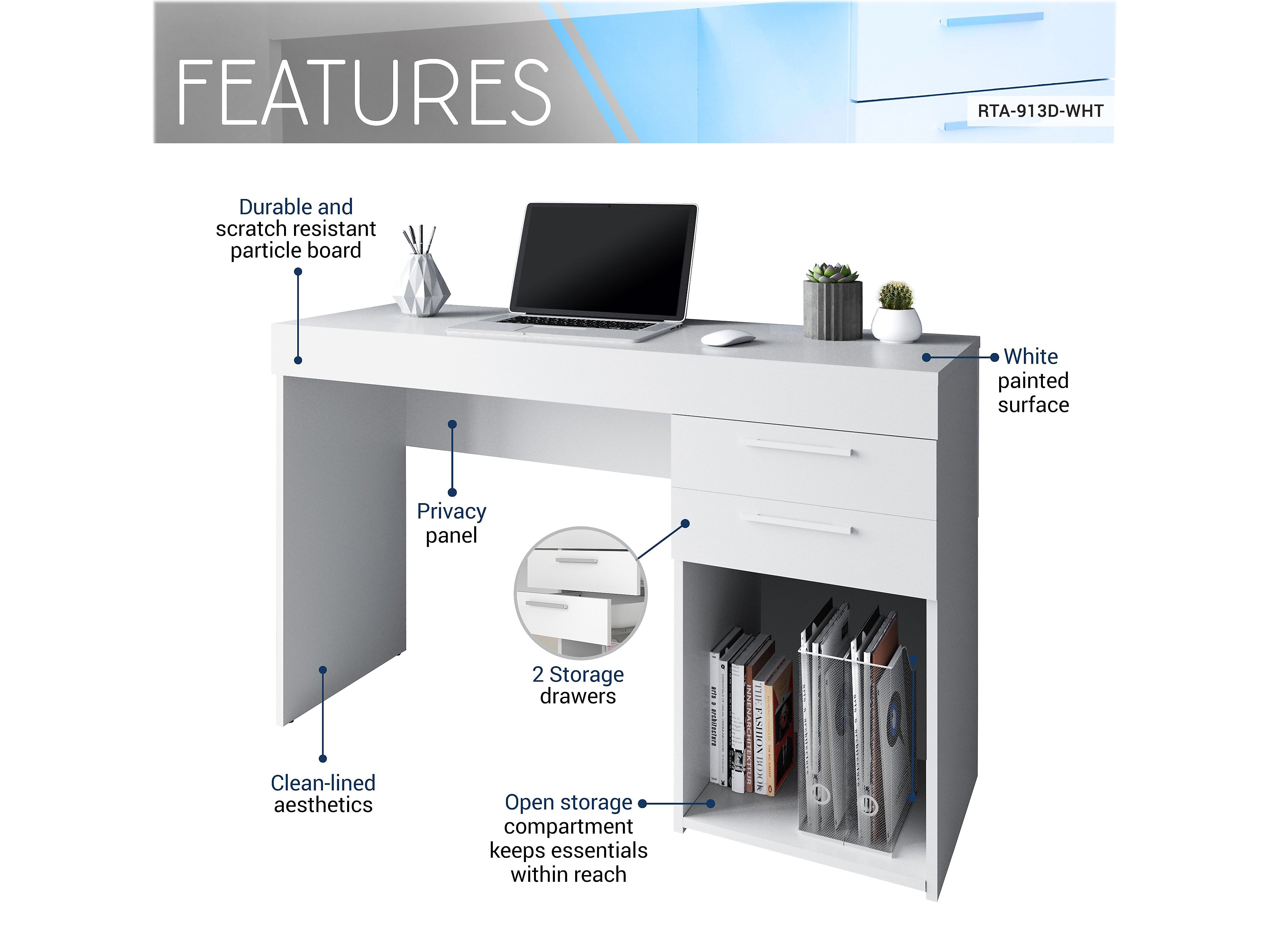 Techni Mobili 48" Writing Desk, White