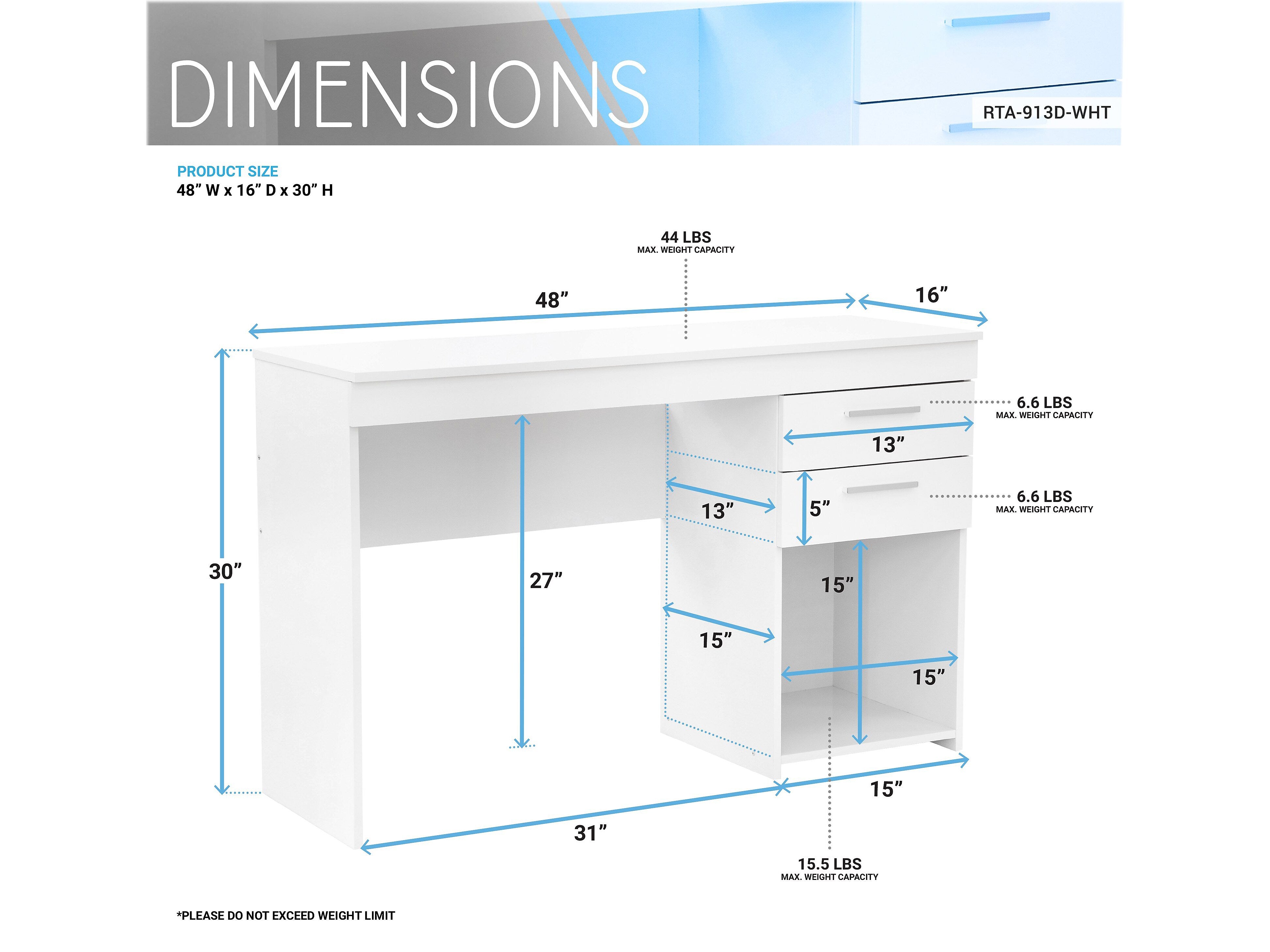 Techni Mobili 48" Writing Desk, White