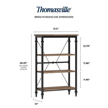 Thomasville Breslyn 3-Shelf 48"H Metal Bookcase, Crosscut Hickory/Black Nickel