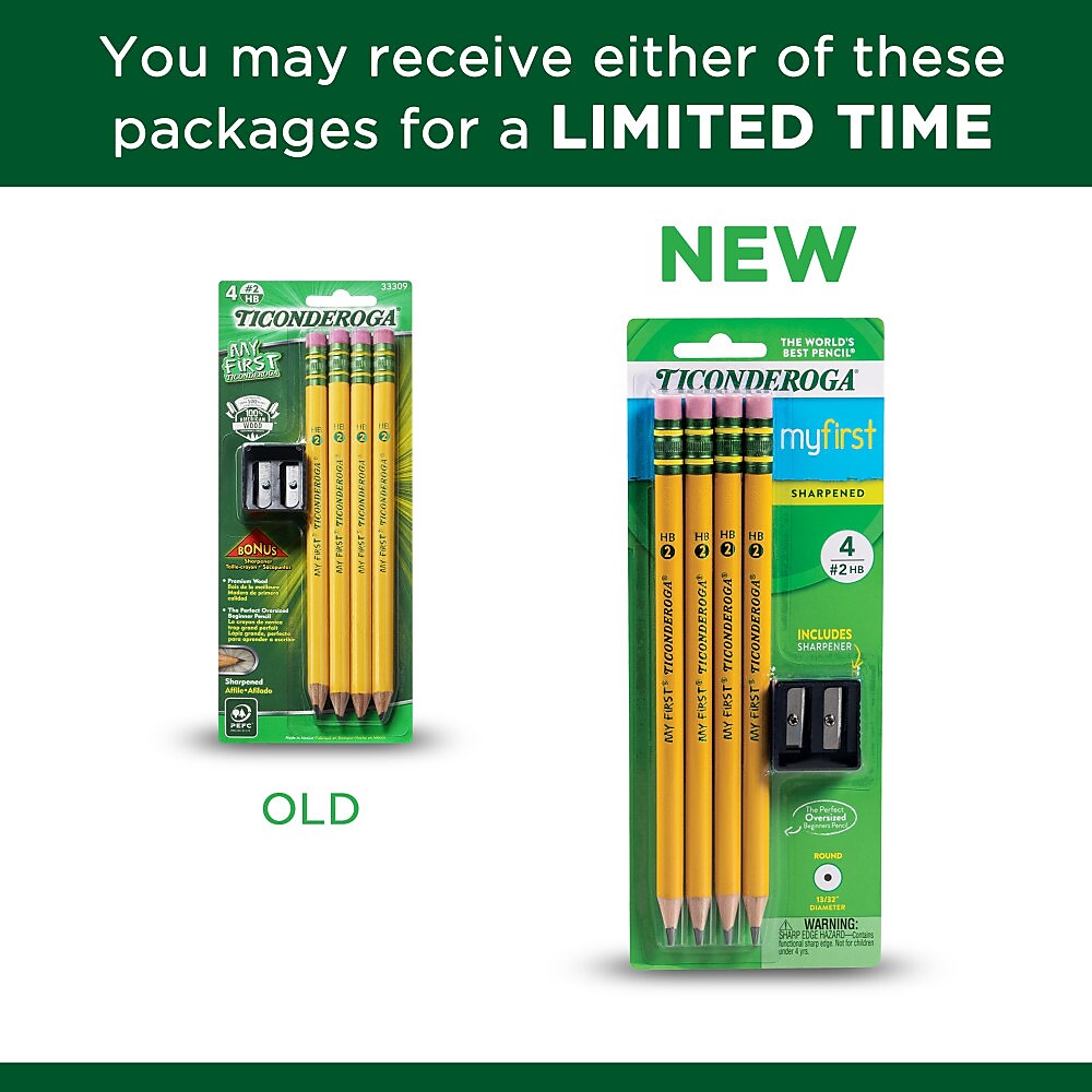 Ticonderoga My First Pre-Sharpened Wooden Pencil, 1.3mm, #2 Medium Lead, 4/Pack