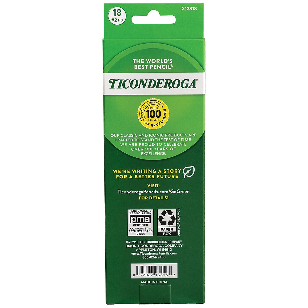 Ticonderoga The World's Best Pencil Pre-Sharpened Wooden Pencil, 2.2mm, #2 Soft Lead, 18/Pack