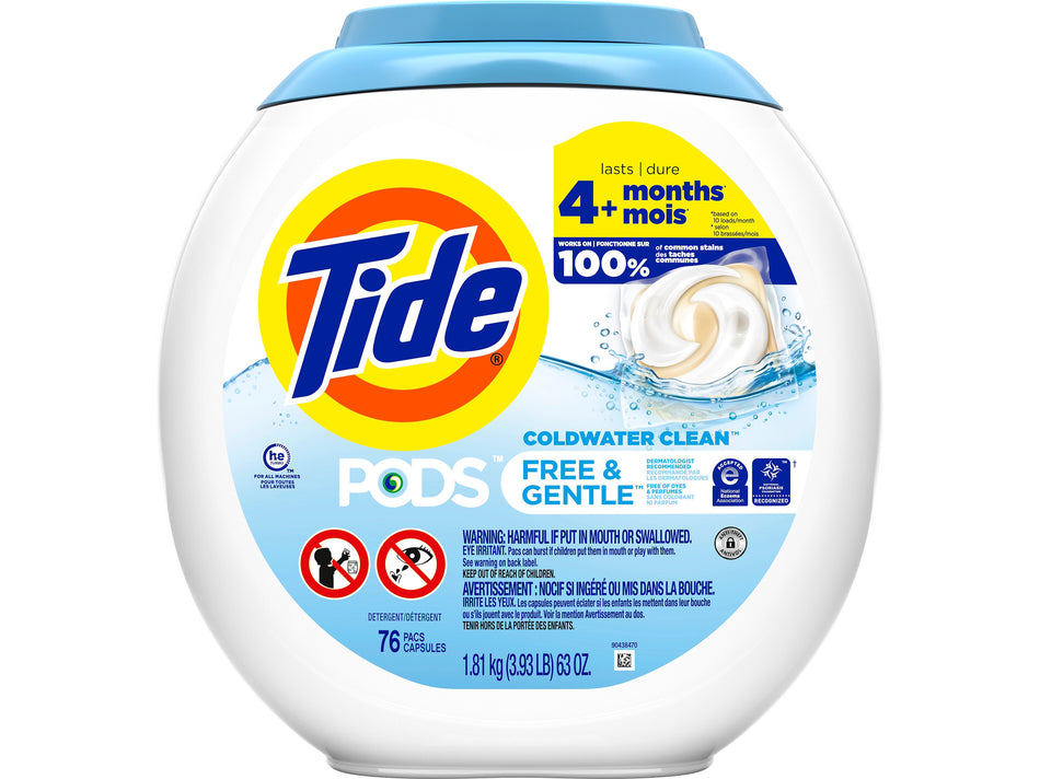 Tide PODS Free & Gentle HE Laundry Detergent Capsule, Coldwater Clean, 63 Oz., 76/Pack