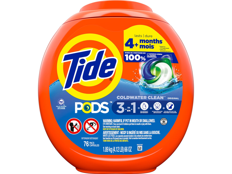 Tide PODS HE Laundry Detergent Capsules, Coldwater Clean Original, 66 Oz., 76/Pack, 4 Packs/Carton