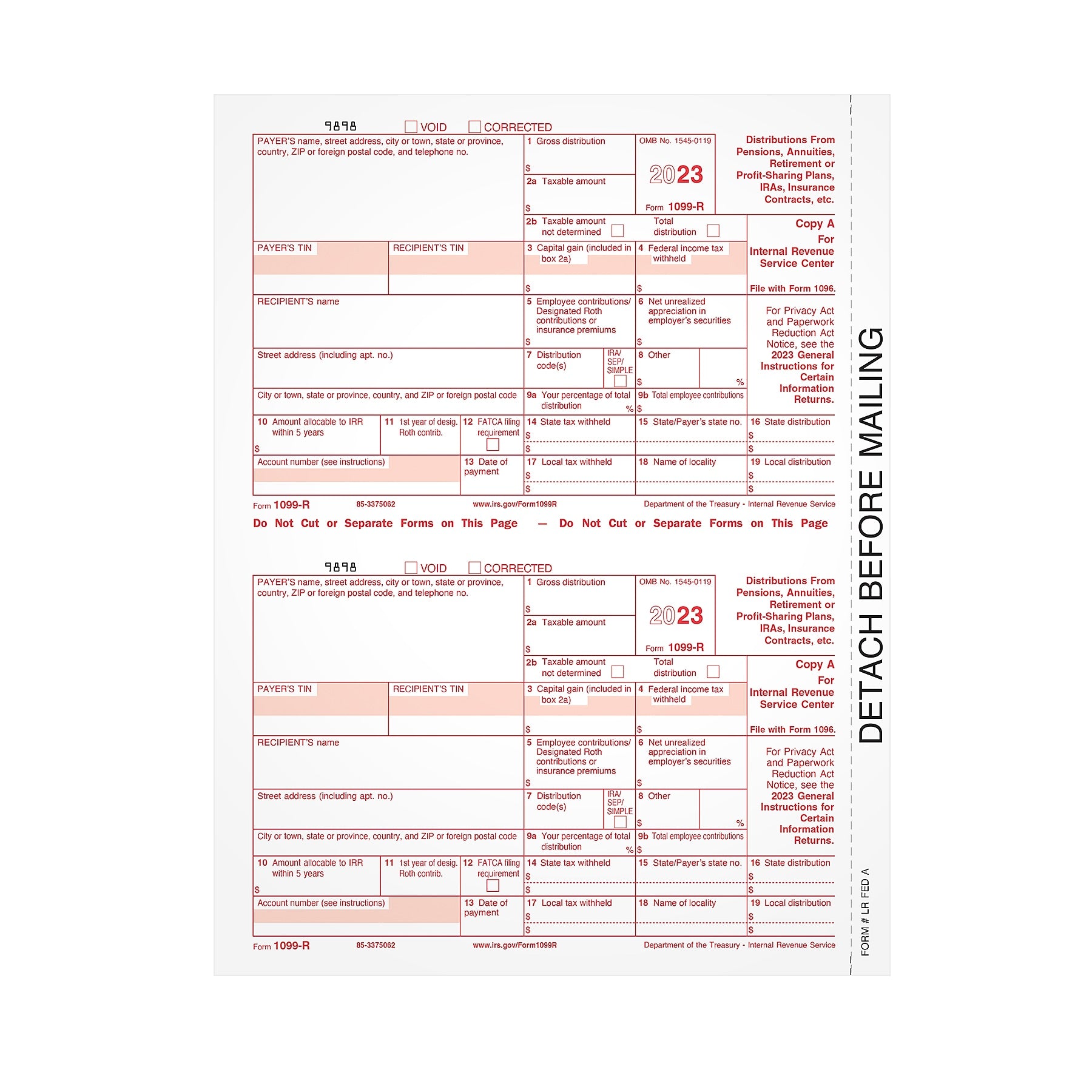TOPS 2023 1099-R Tax Form, 1-Part, Federal Copy A, 50/Pack
