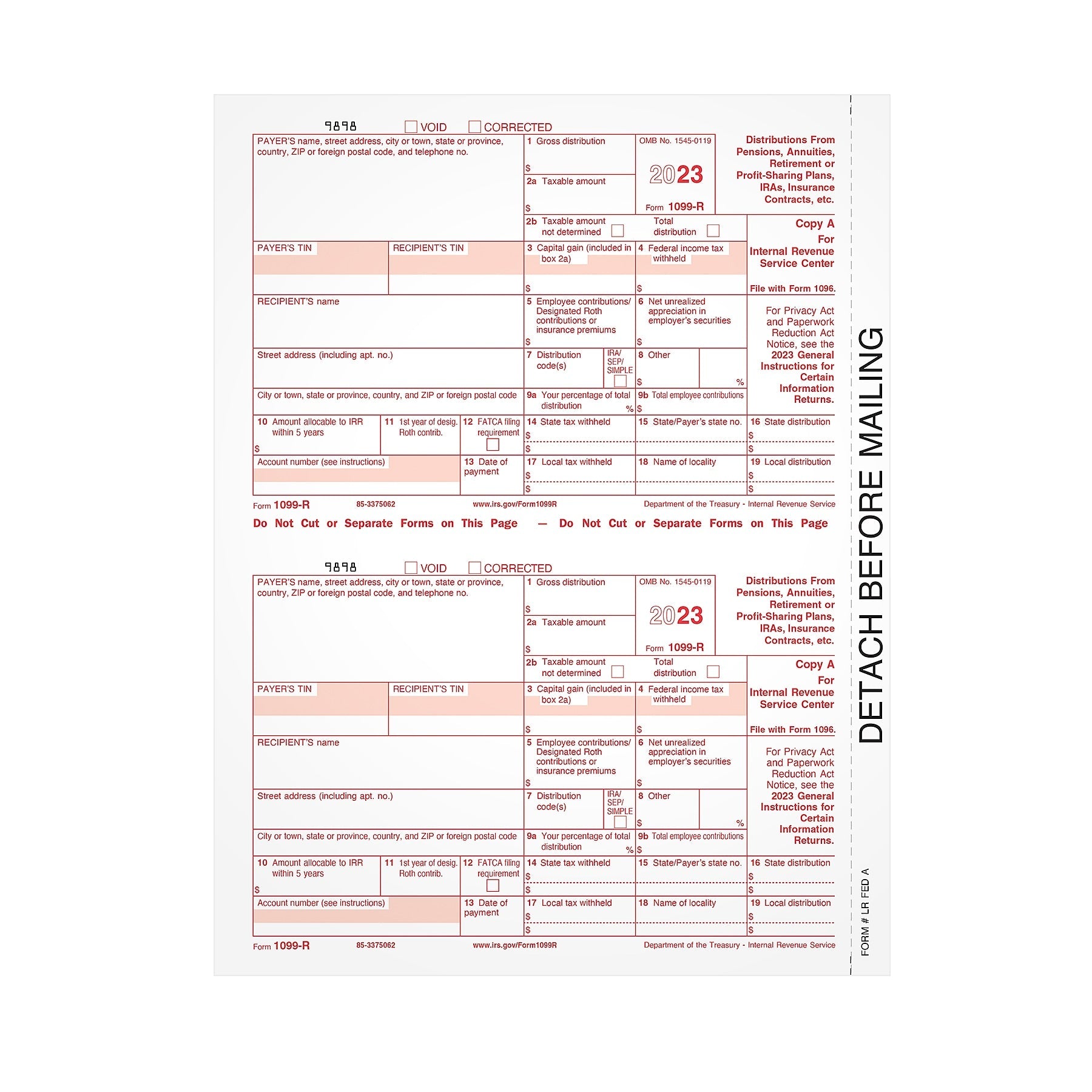 TOPS 2023 1099-R Tax Form, 1-Part, Federal Copy A, 50/Pack