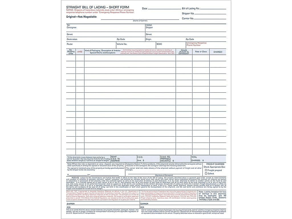 TOPS 3-Part Carbonless Bill of Lading, 11.44