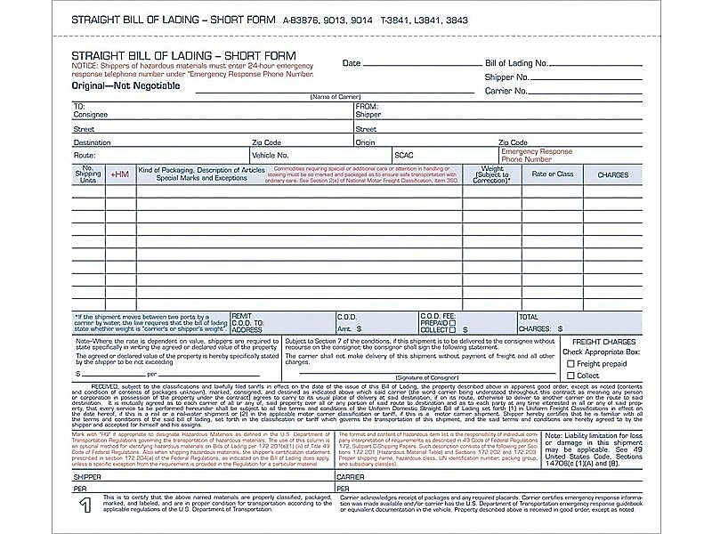 TOPS 3-Part Carbonless Bill of Lading, 8.5