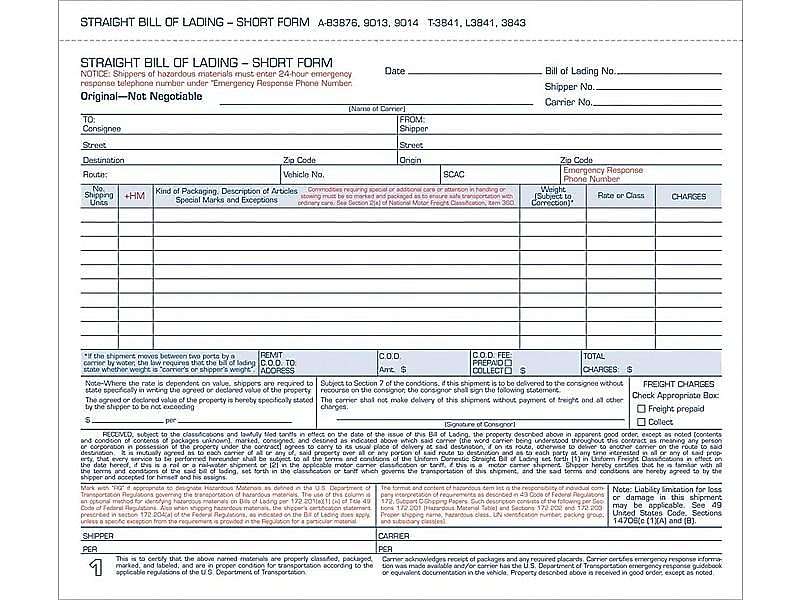 TOPS 3-Part Carbonless Bill of Lading, 8.5
