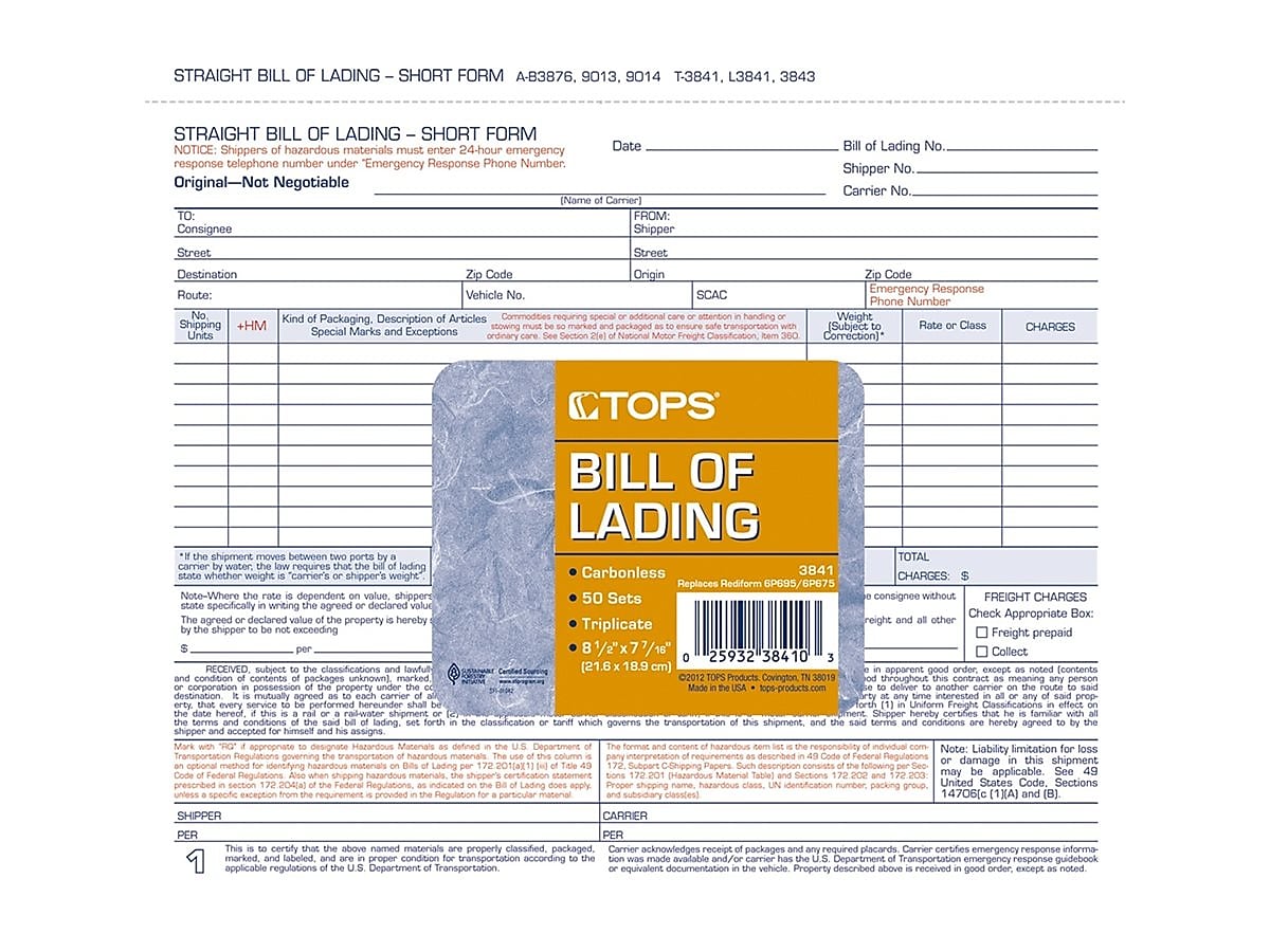 TOPS 3-Part Carbonless Bill of Lading, 8.5"L x 7"W, 50 Sets/Book