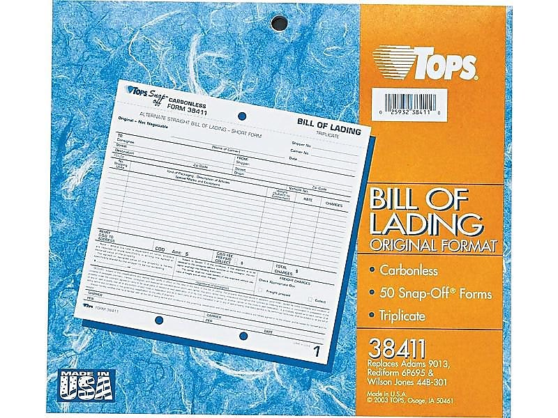 TOPS 3-Part Carbonless Bill of Lading, 8.5"L x 7"W, 50 Sets/Book