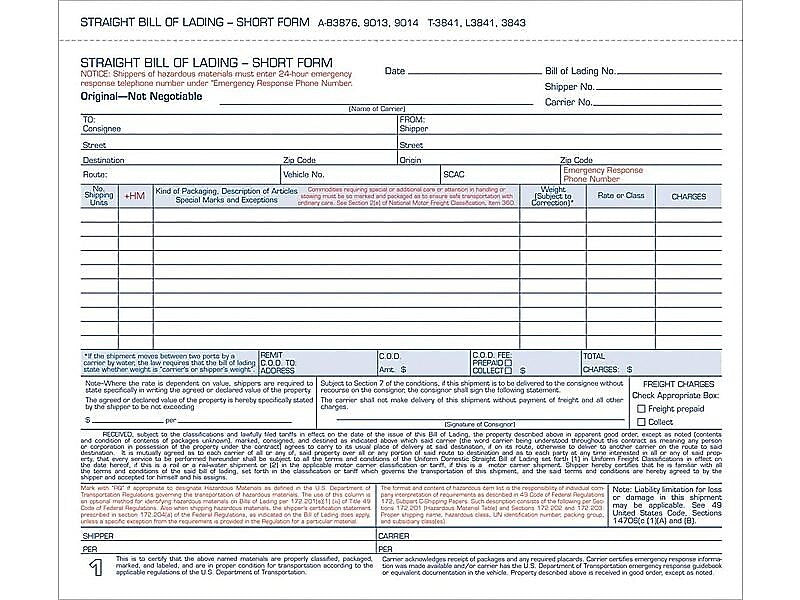 TOPS 3-Part Carbonless Bill of Lading, 8.5