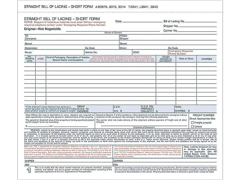 TOPS 3-Part Carbonless Bill of Lading, 8.5"L x 7"W, 50 Sets/Book