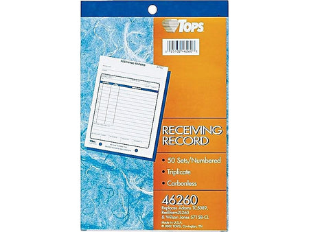 TOPS 3-Part Carbonless Receiving Records, 5.56"W x 7.94"L, 50 Sets/Book