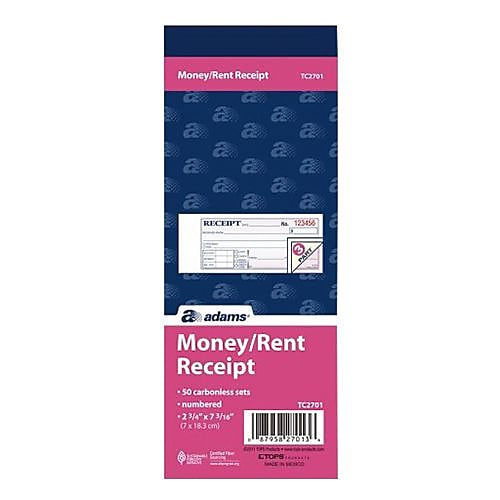 TOPS 3-Part Money/Rent Receipt Book, 2.75" x 7.19", 50 Sheets/Book
