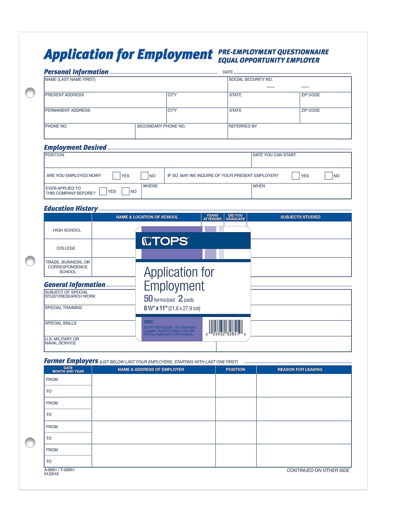 TOPS® Application for Employment, 2-Sided, 8-1/2 x 11