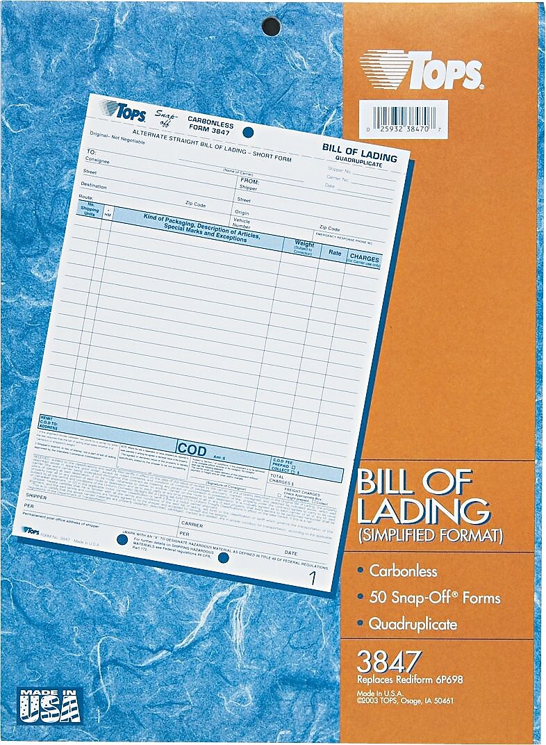 TOPS® Bill of Lading Unit Set, Ruled, 4-Part Carbonless, 11-7/16