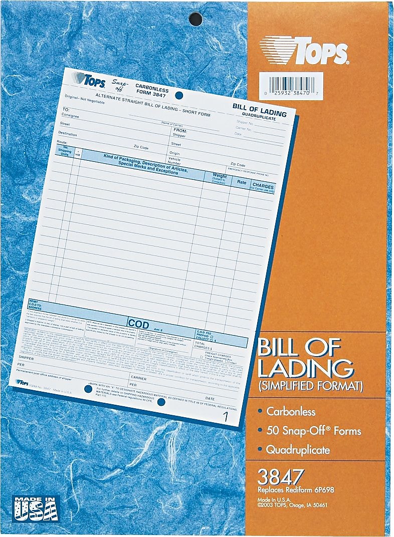 TOPS® Bill of Lading Unit Set, Ruled, 4-Part Carbonless, 11-7/16