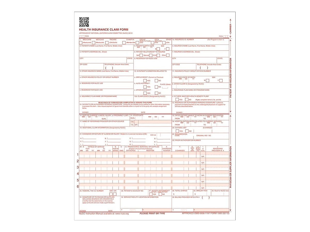 TOPS CMS-1500 1 Part Health Insurance Claims 500/Pack