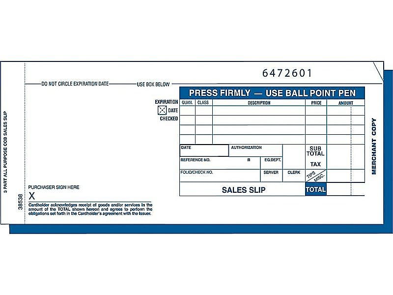 TOPS Credit Card Sales 3-Part Carbonless Receipt, 3.25
