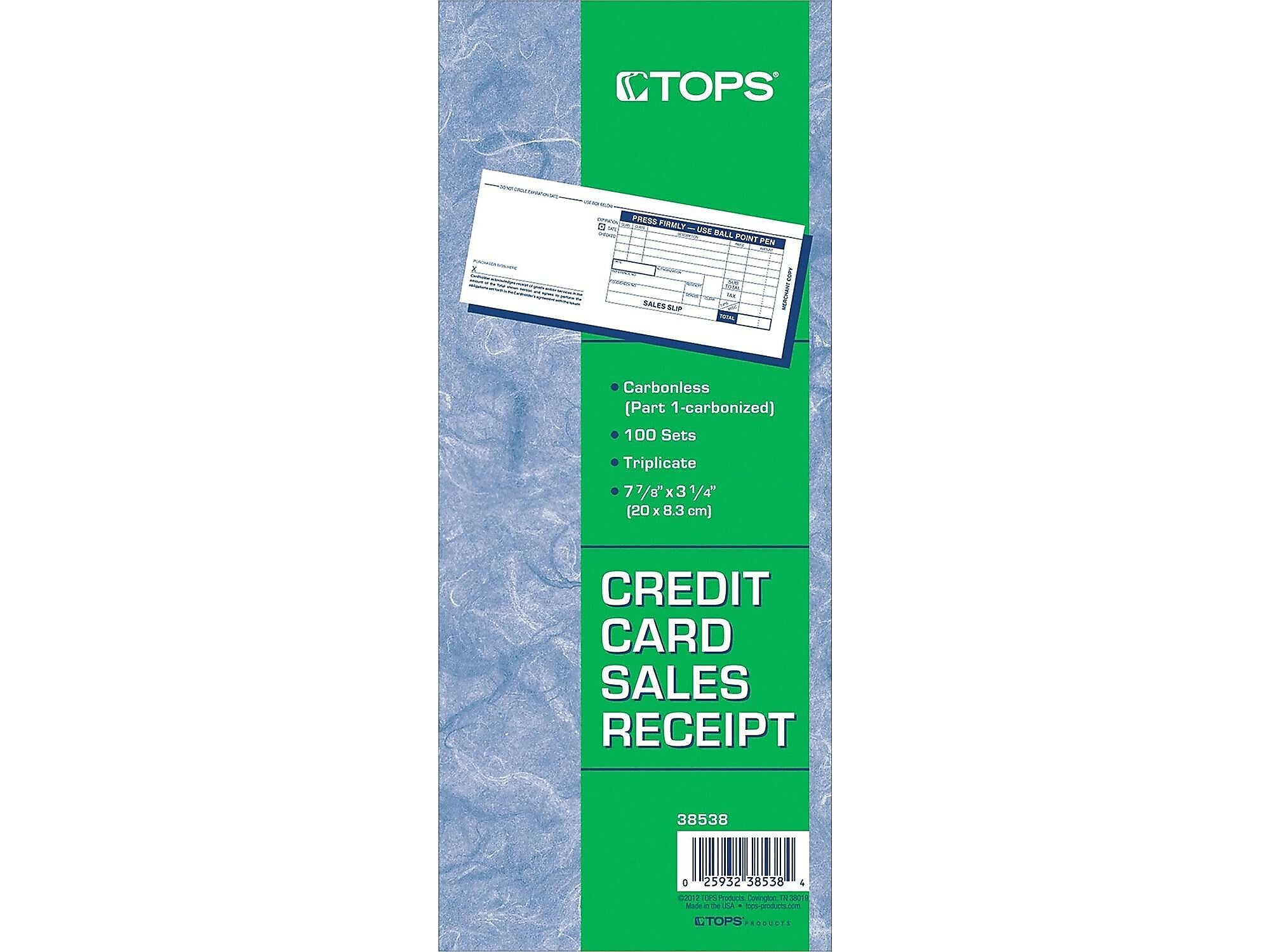TOPS Credit Card Sales 3-Part Carbonless Receipt, 3.25