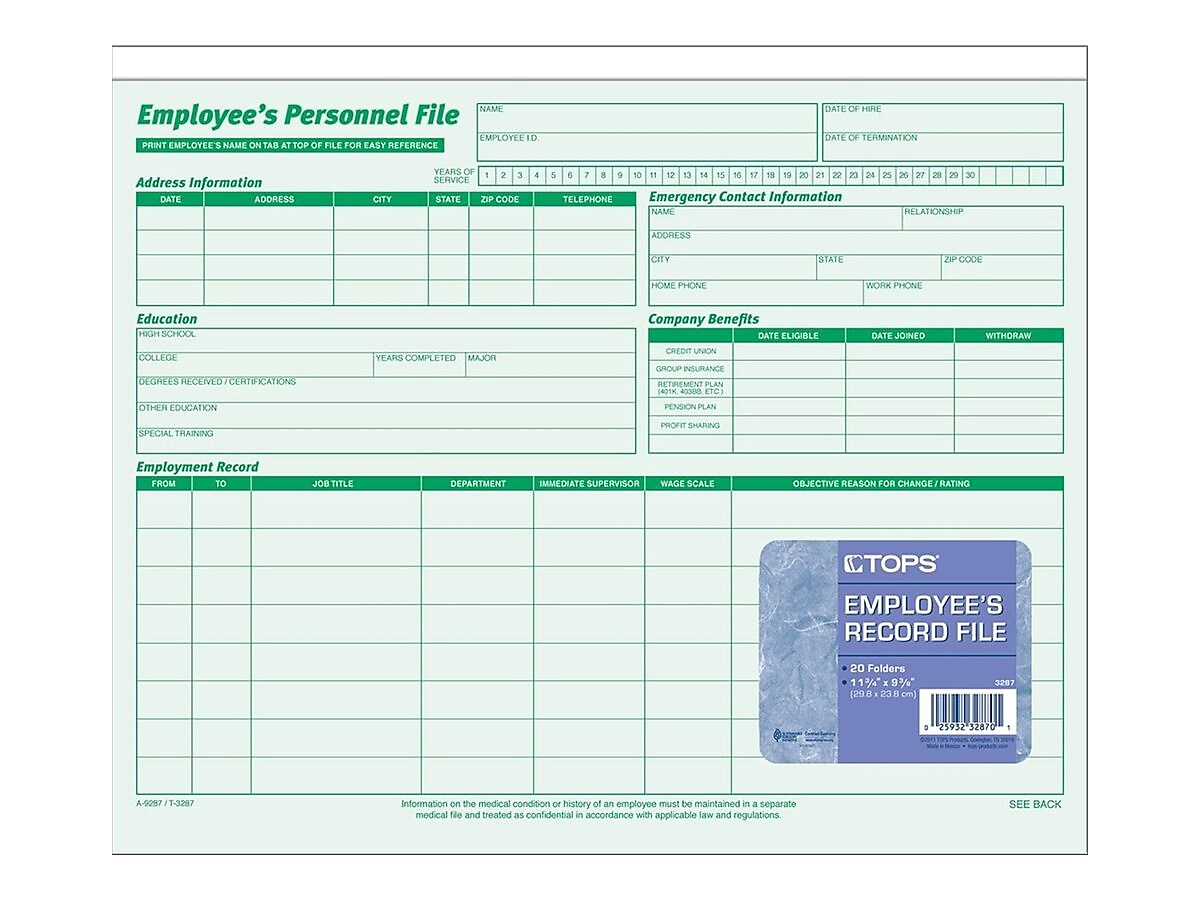 TOPS Employee Record File Straight Cut, 20/Pack