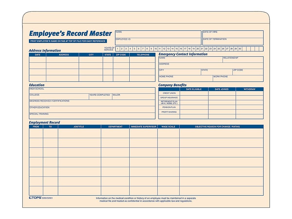 TOPS Employee Record Master File, 20/Pack