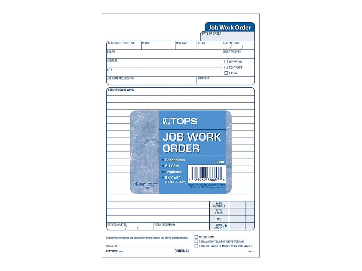 TOPS Job 3-Part Carbonless Work Orders, 8.62
