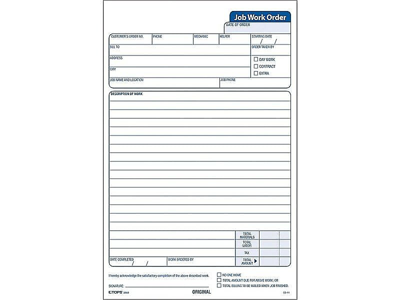 TOPS Job 3-Part Carbonless Work Orders, 8.62
