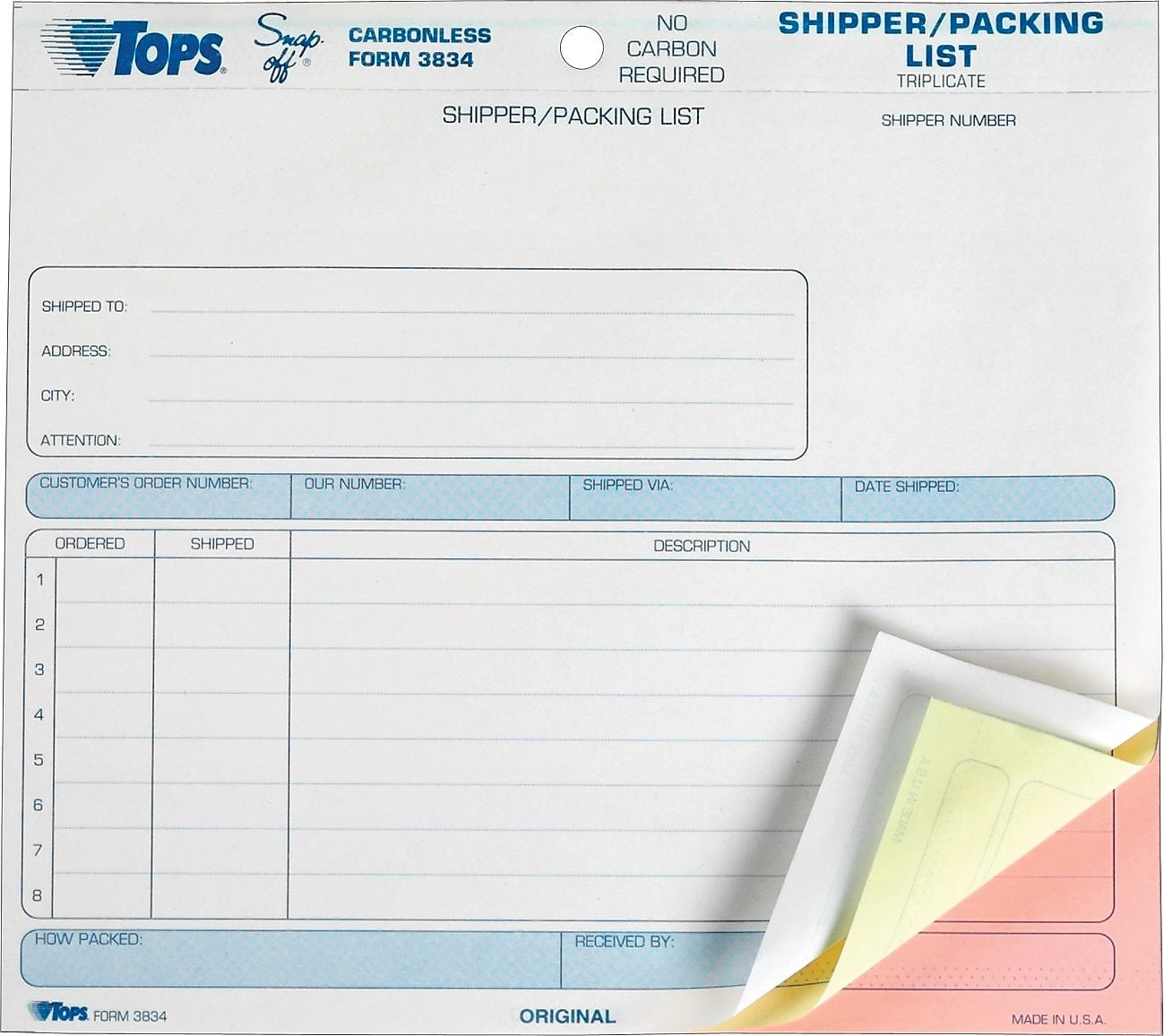 TOPS Snap-Off 3-Part Carbonless Packing Slips, 8-1/2