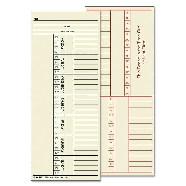 TOPS Time Cards for Acroprint 125, 150, 175, ES700, ES900, ESP180, Amano PIX, TCX Series Time Clock, 500/Box