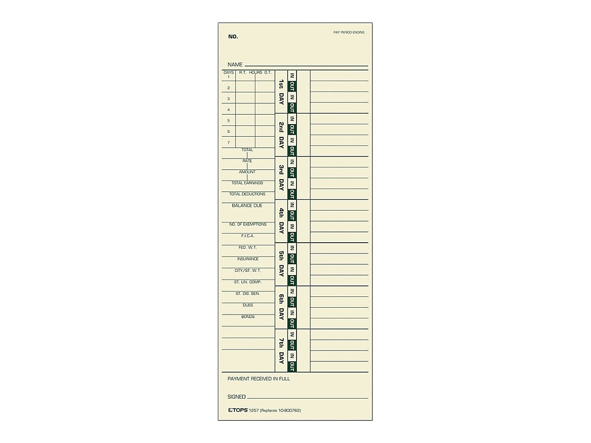 TOPS Time Cards for Acroprint 125, 150, 175, ES700, ES900, ESP180, Amano PIX/TCX, Lathem 900E, 1200, 500/Box