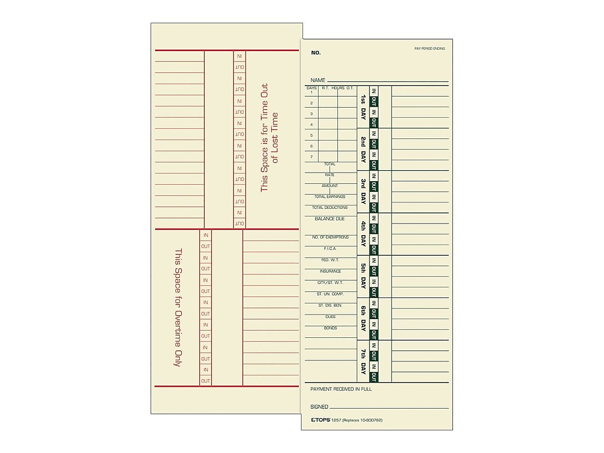 TOPS Time Cards for Acroprint 125, 150, 175, ES700, ES900, ESP180, Amano PIX/TCX, Lathem 900E, 1200, 500/Box