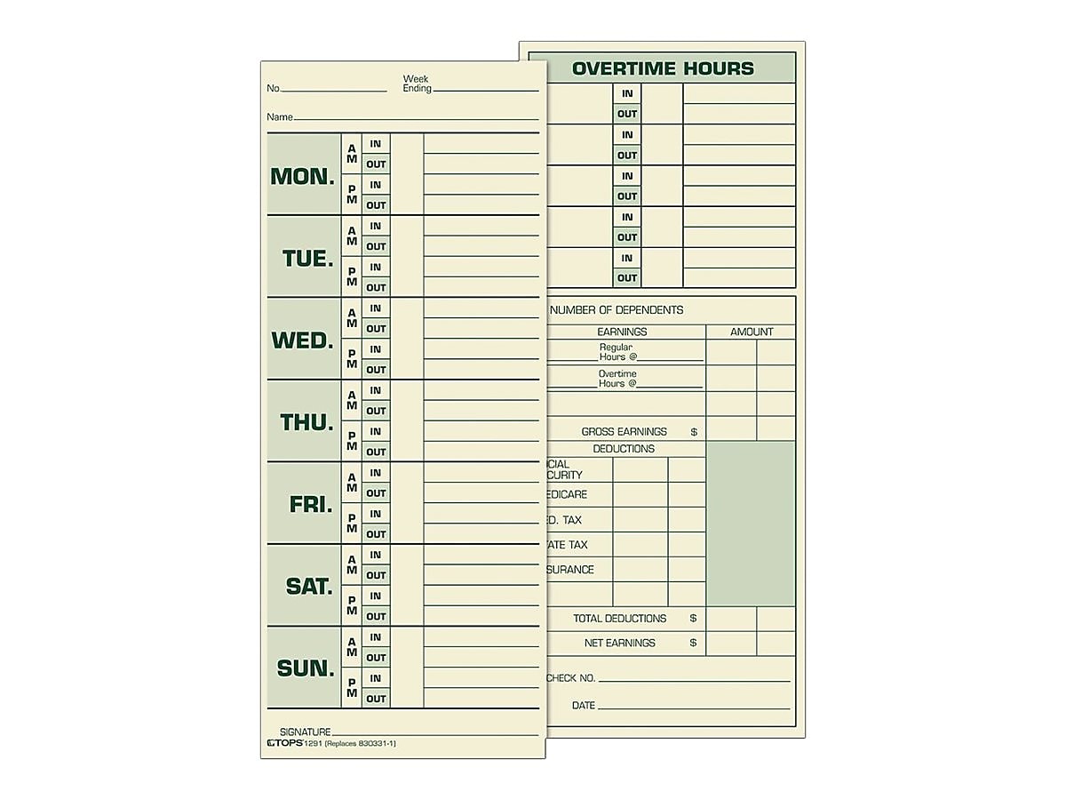 TOPS Time Cards for Pyramid 1000 Time Clock, 500/Box