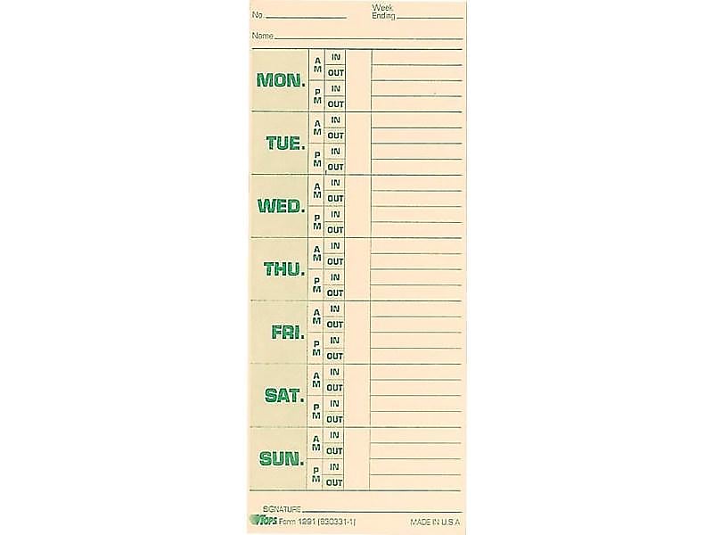 TOPS Time Cards for Pyramid 1000 Time Clock, 500/Box