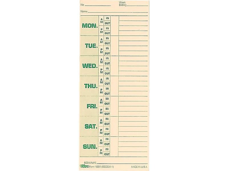 TOPS Time Cards for Pyramid 1000 Time Clock, 500/Box