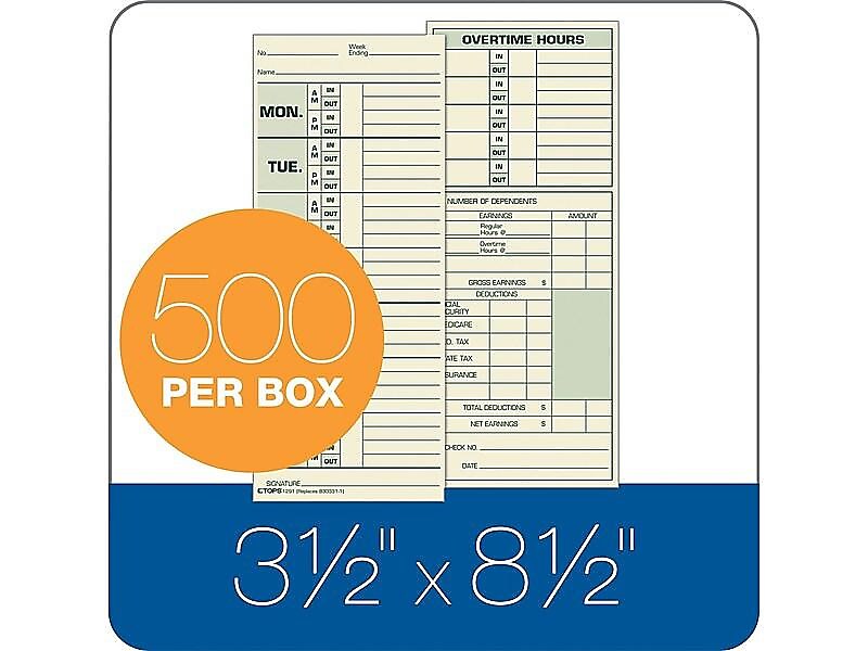 TOPS Time Cards for Pyramid 1000 Time Clock, 500/Box