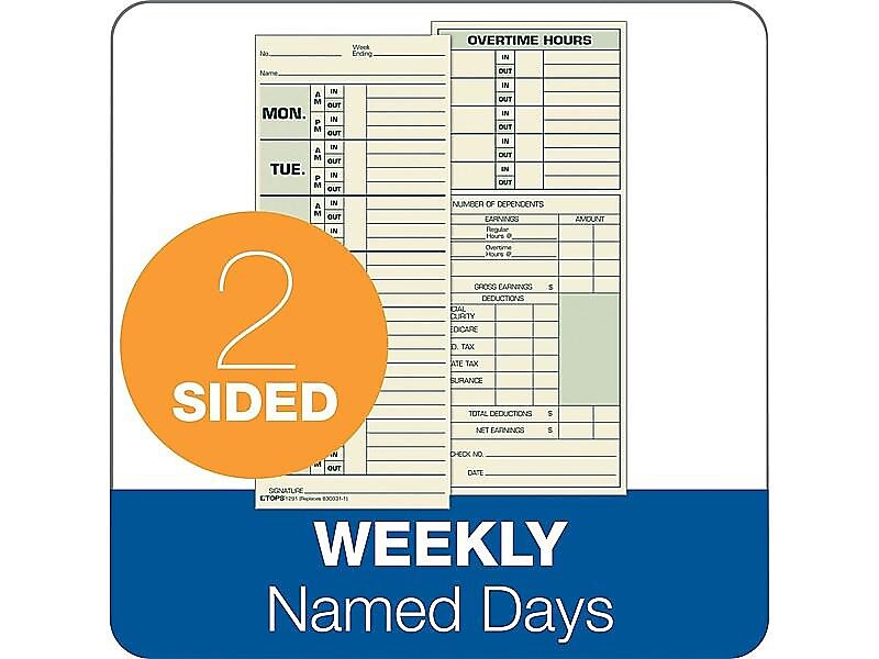 TOPS Time Cards for Pyramid 1000 Time Clock, 500/Box