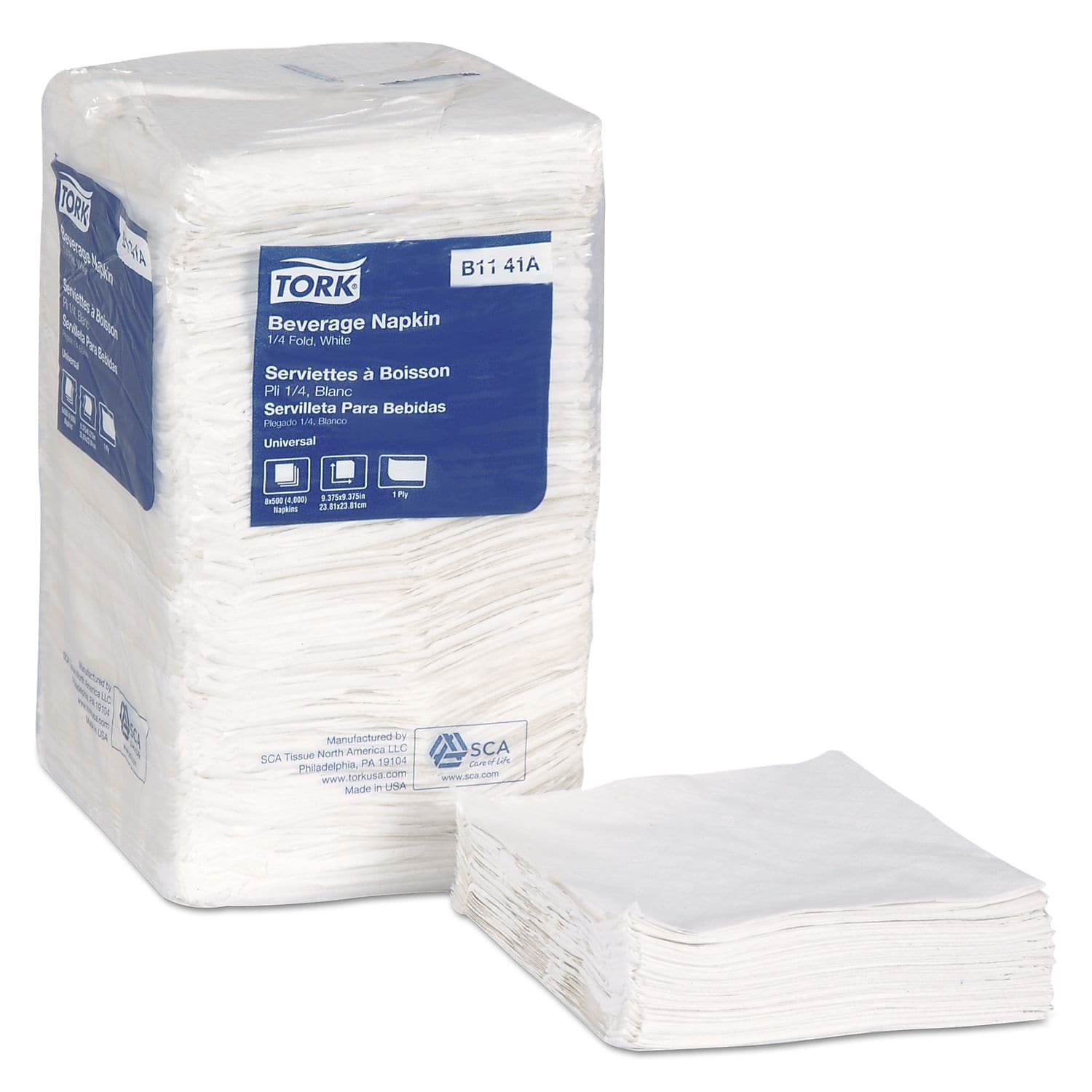 Tork Beverage Napkin, 1-ply, White, 500 Napkins/Pack, 8/Carton