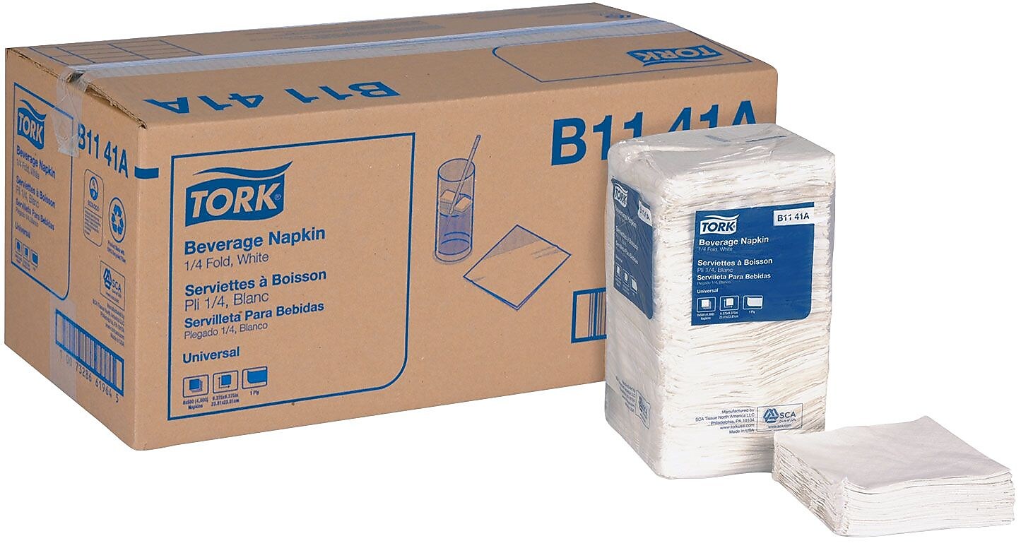 Tork Beverage Napkin, 1-ply, White, 500 Napkins/Pack, 8/Carton