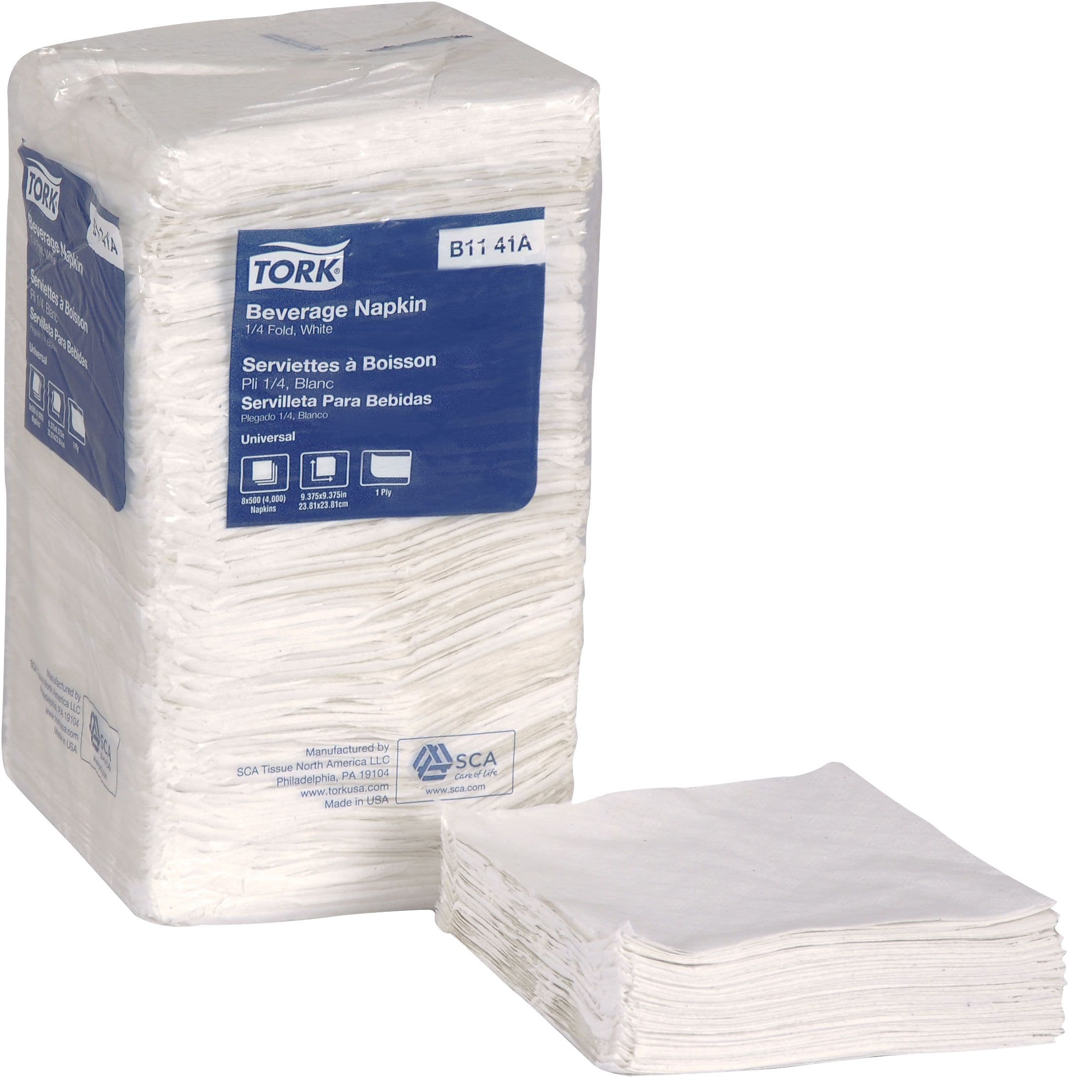 Tork Beverage Napkin, 1-ply, White, 500 Napkins/Pack, 8/Carton