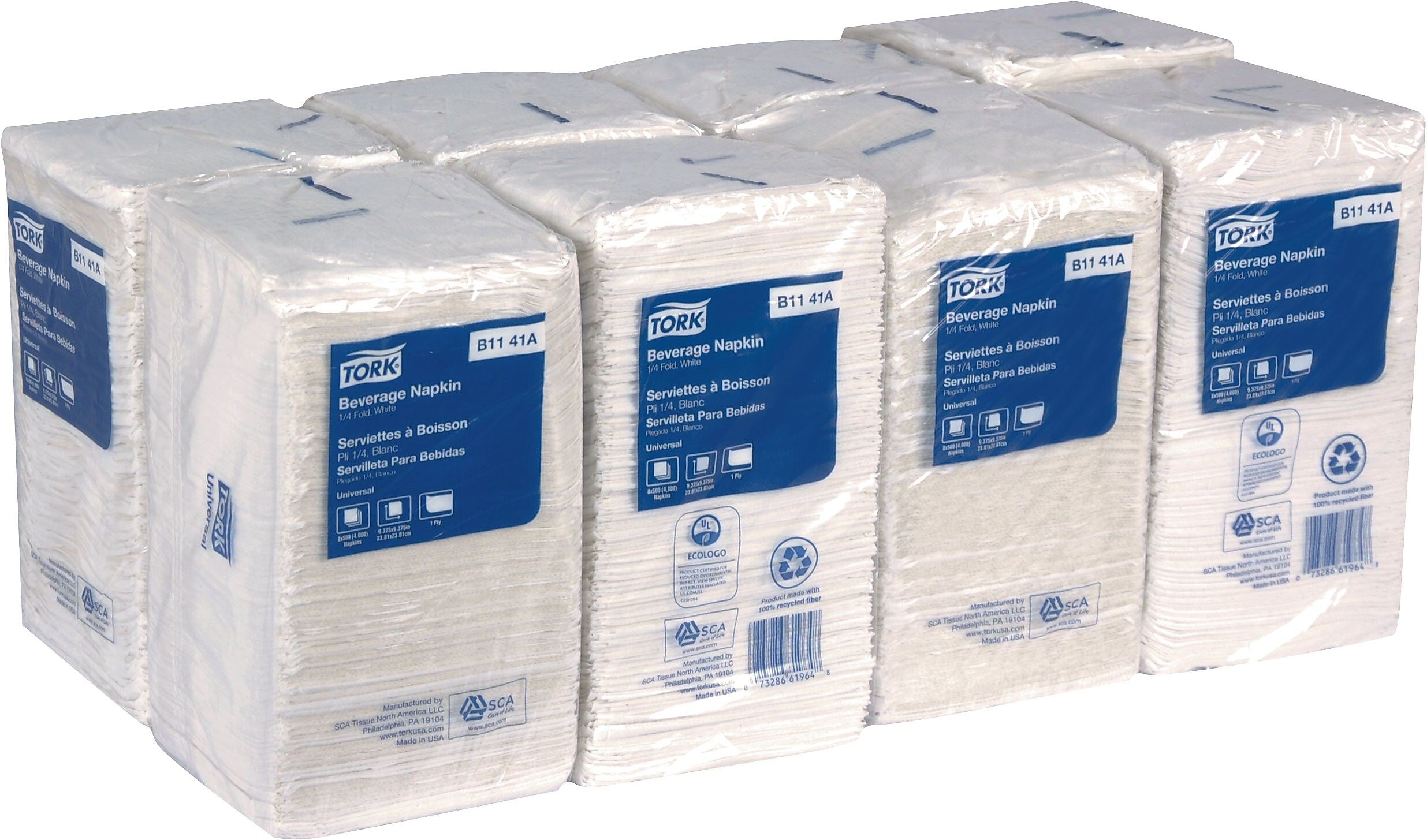 Tork Beverage Napkin, 1-ply, White, 500 Napkins/Pack, 8/Carton