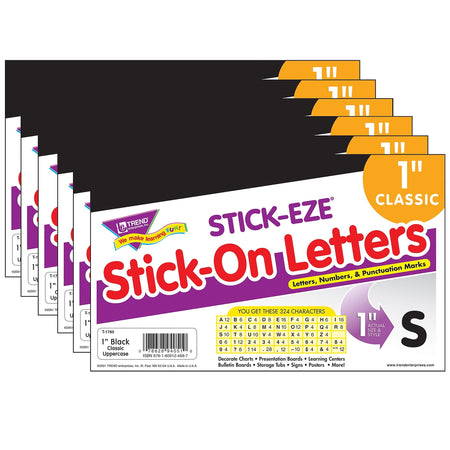 TREND 1" STICK-EZE® Stick-On Letters, Black, 324 Pieces Per Pack, 6 Packs