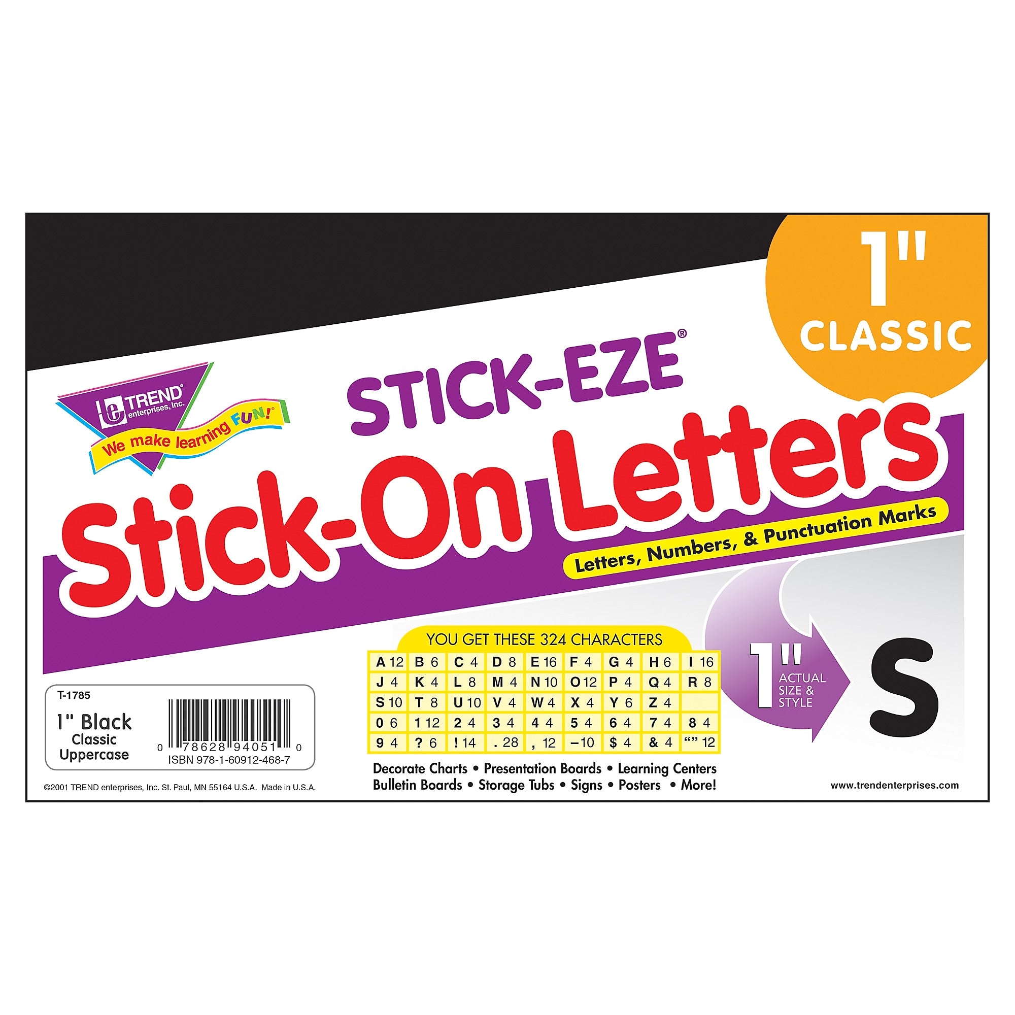 TREND 1" STICK-EZE® Stick-On Letters, Black, 324 Pieces Per Pack, 6 Packs