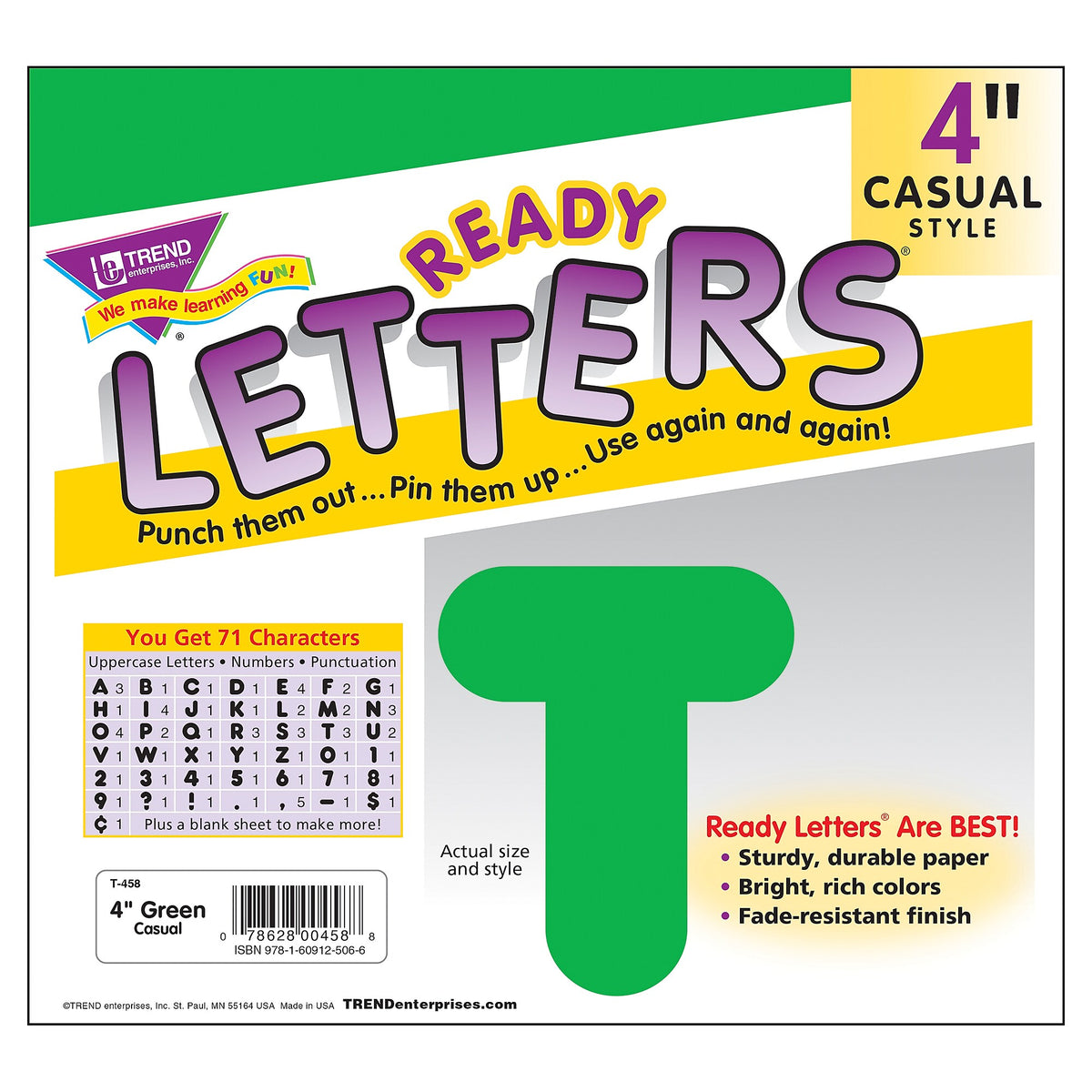 TREND 4" Casual Uppercase Ready Letters, Green, 71/Pack, 6 Packs