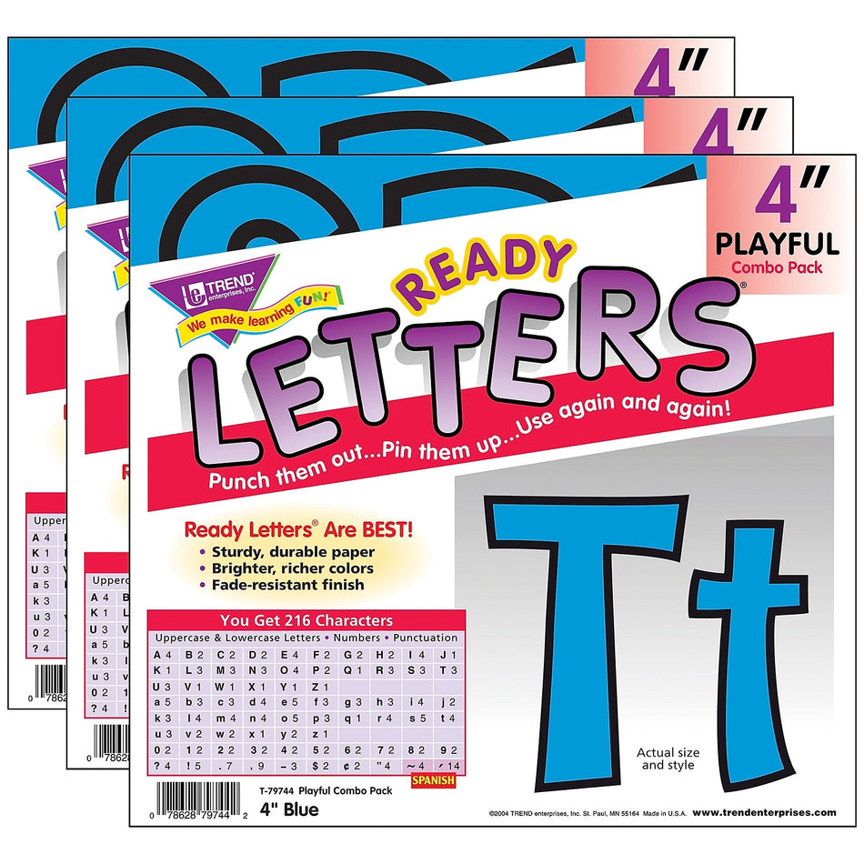 TREND 4" Playful Uppercase/Lowercase Combo Pack  Ready Letters®, Blue, 216 Per Pack, 3 Packs