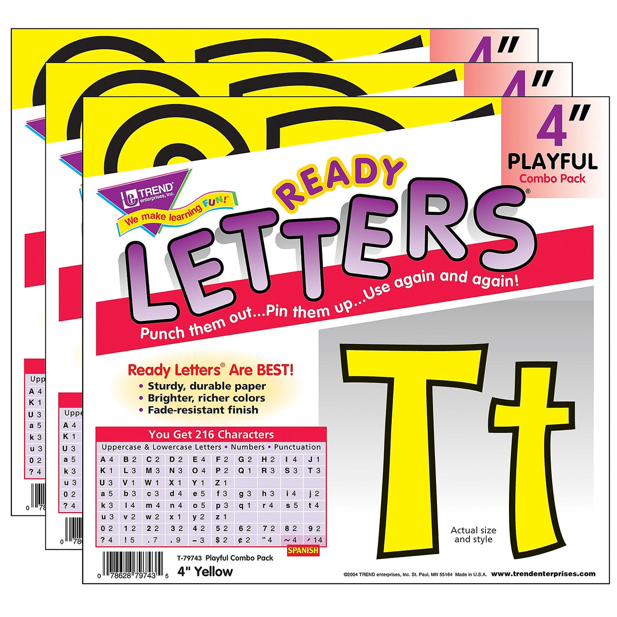 TREND 4" Playful Uppercase/Lowercase Combo Pack  Ready Letters, Yellow, 216/Pack, 3 Packs